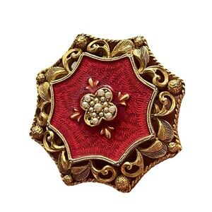 Vintage FLORENZA Red Guilloche Enamel Brooch Pin Gold Tone Filigree Faux Pearl